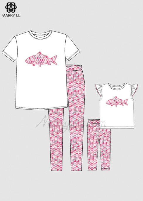 APPLIQUED FISH MOM AND GIRL MATCHING PINK OUTFIT - MD191